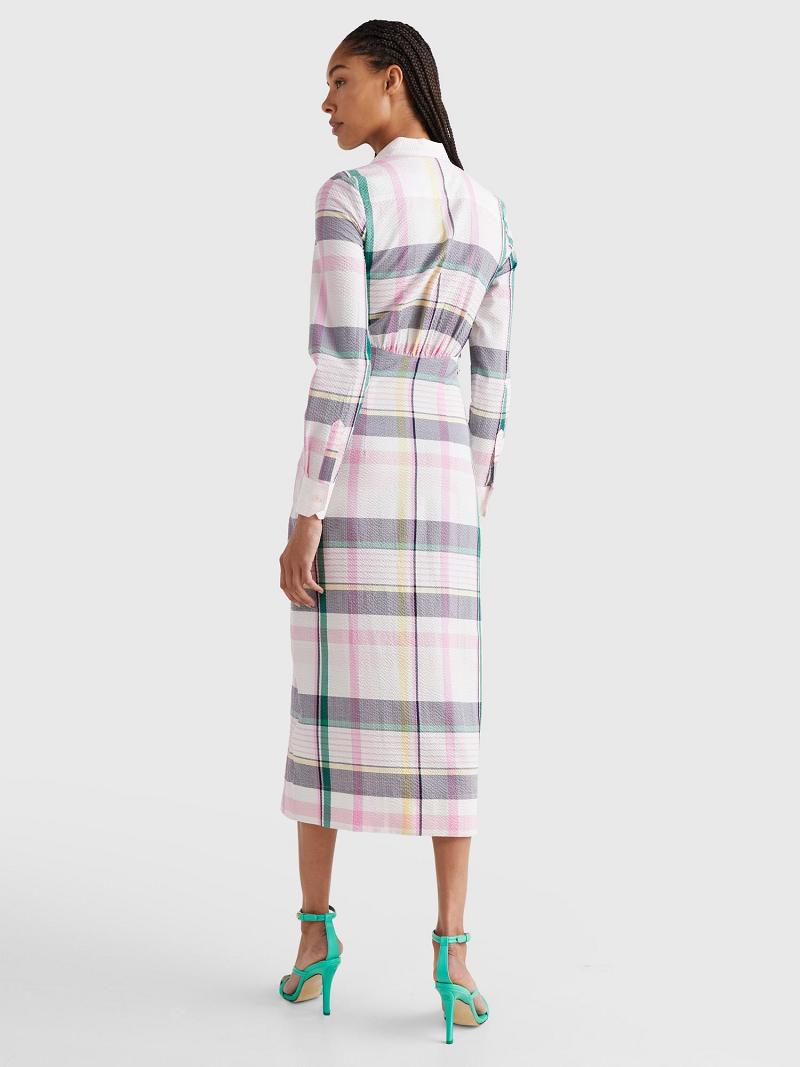 Női Tommy Hilfiger Madras Maxi Shirt Dresses Fehér Rózsaszín | HU 102GSO